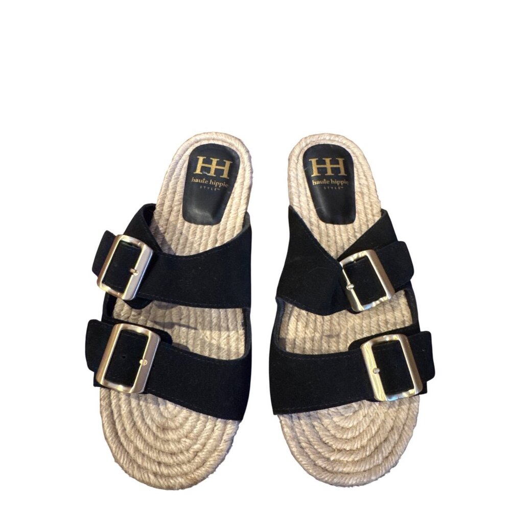 Haute Hippie Nikki Sandals Black Suede Espadrille Slide Buckle Straps Women 10M - Picture 4 of 10